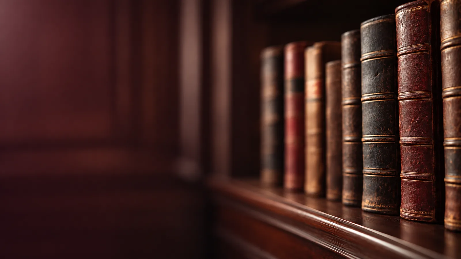 Hilera de libros de leyes antiguos, encuadernados en piel, sobre un estante de madera oscura.