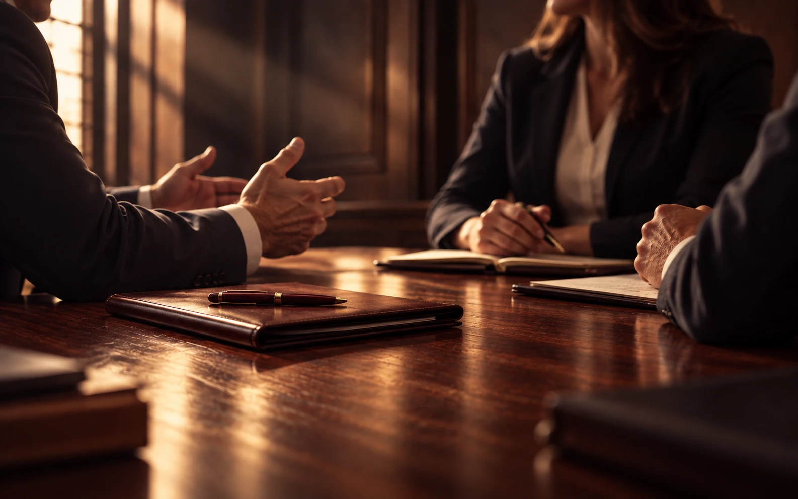 Profesionales conversando alrededor de una mesa de juntas de madera oscura.