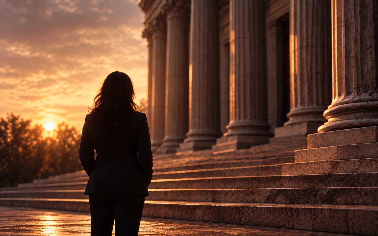 Una persona con abrigo oscuro de pie al pie de las escaleras de un tribunal al atardecer, vista de espaldas.