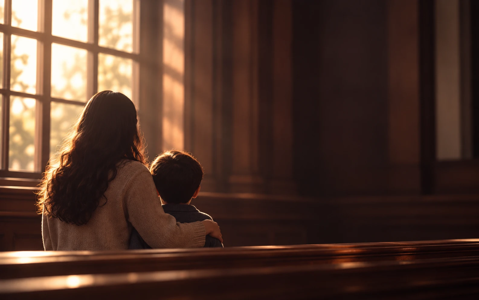 Una persona adulta y un niño sentados uno al lado del otro junto a una ventana iluminada por el sol, vistos de espaldas.