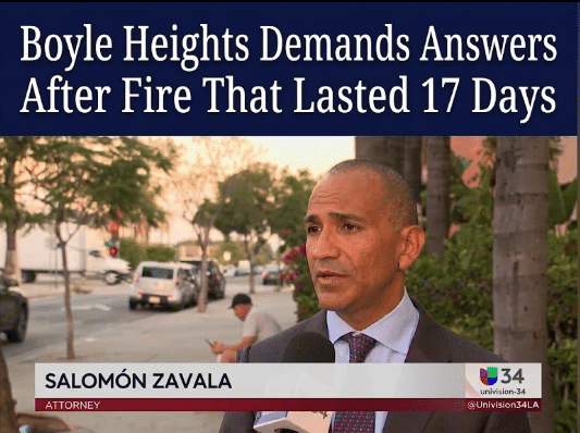 Attorney Salomón Zavala speaking with Univision 34 about the Boyle Heights fire, English headline